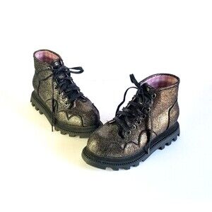 IRREGULAR CHOICE Black Gold Glitter Jam Sandwich Boots Sz 36 5 Lace Up Booties